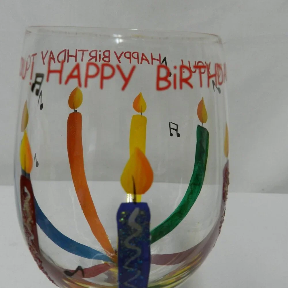 Lolita Happy Birthday Wine Glass Hand Painted Candles Recipe Bottom 15 oz w/ Box